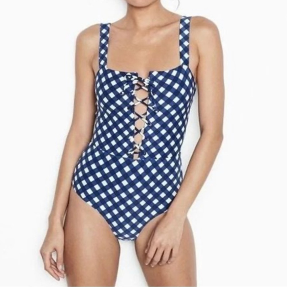 NEW Onia Raquel Lace Up One Piece Swimsuit in Blue Plaid Print